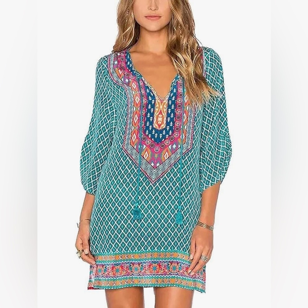 💁‍♀️🙋‍♀️Women Bohemian Neck Tie Vintage Printed Ethnic Style Summer Shift Dress
